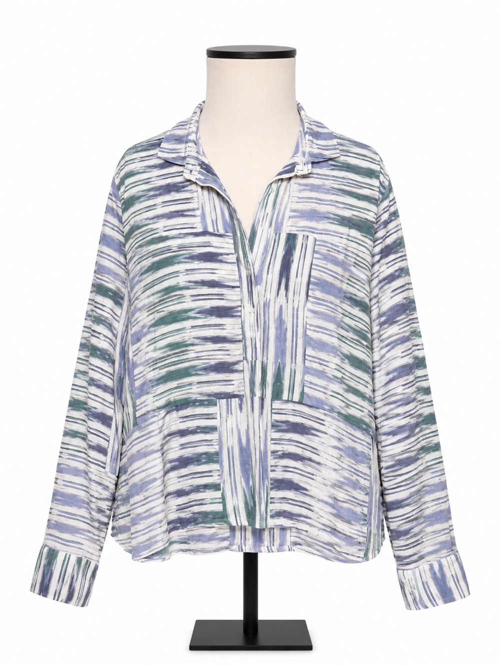 V.D.E. Vinster Nilai Tiger Ikat Top Womens Large Button Front Cotton Long Sleeve